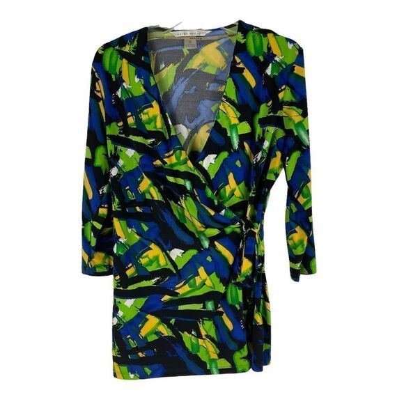 Peter Nygard Blouse Floral Blue Yellow Green V- Neck Stretchy Women's M Petite - Picture 1 of 9